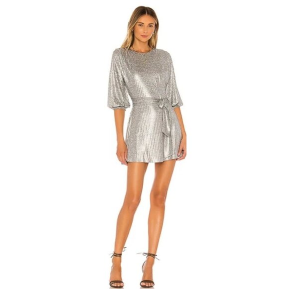 Tularosa Dries Mini Dress Sz M Silver Metallic Belted Pleated Cocktail Party - Picture 2 of 16